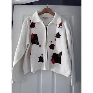 Vintage Crystal-Kobe Cream 1990's 90's Fall Leaves Zipper Cardigan Sweater